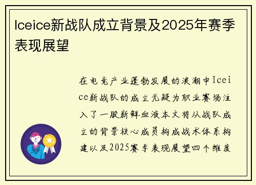 Iceice新战队成立背景及2025年赛季表现展望