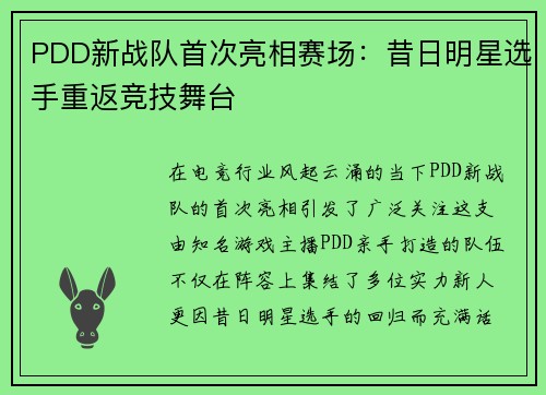 PDD新战队首次亮相赛场：昔日明星选手重返竞技舞台